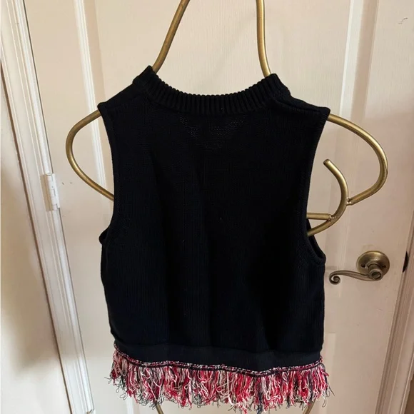 Carven V Neck Black V Neck Top with Multicolor Fringe - Picture 2 of 6